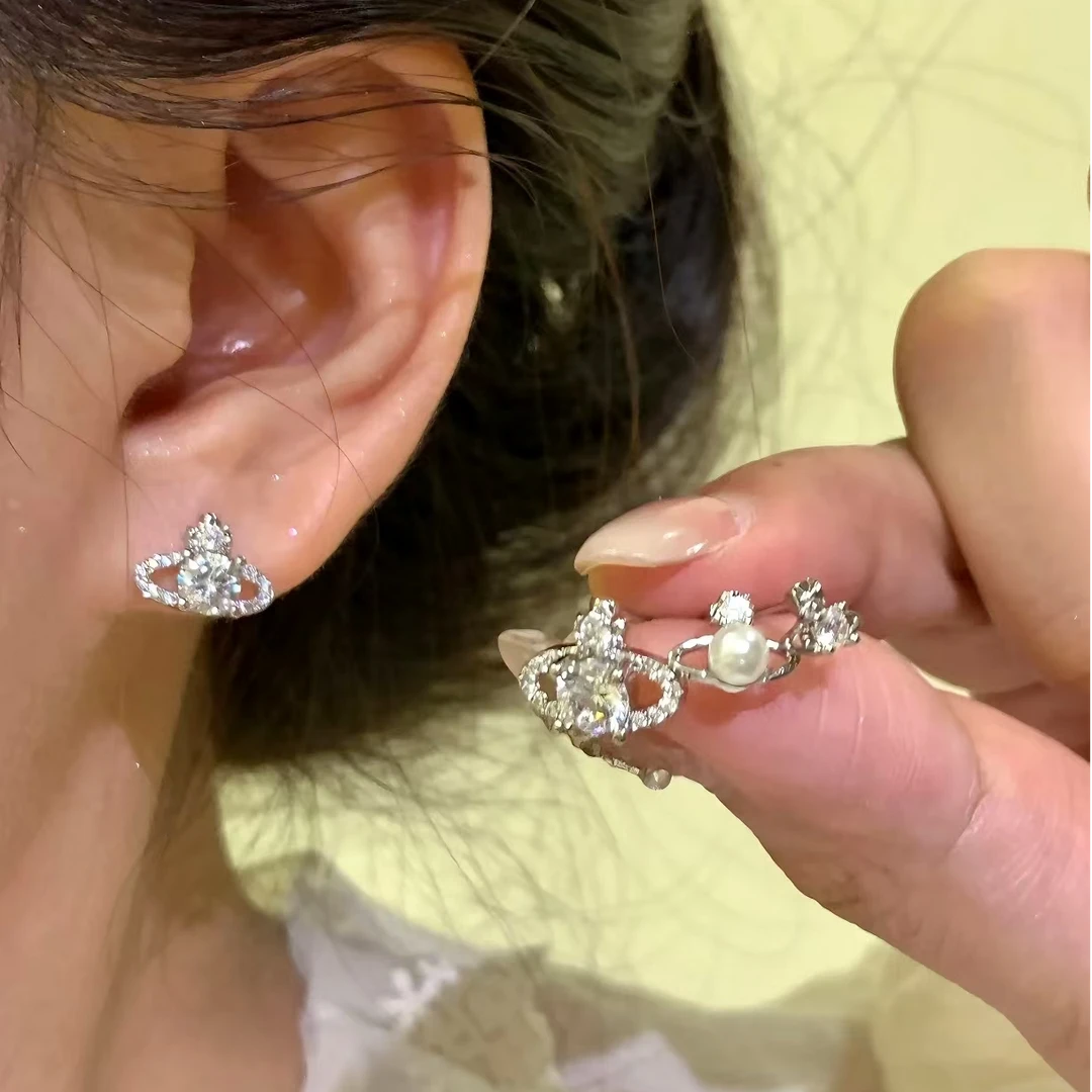 铜合金耳饰 【幻梦星河】土星锆石耳钉女小众设计精致时尚百搭耳饰