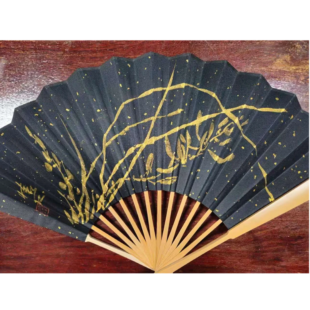 艺脉相传《花开吉祥》手写妙语国风折扇宣纸竹制雕花序号B0606-2