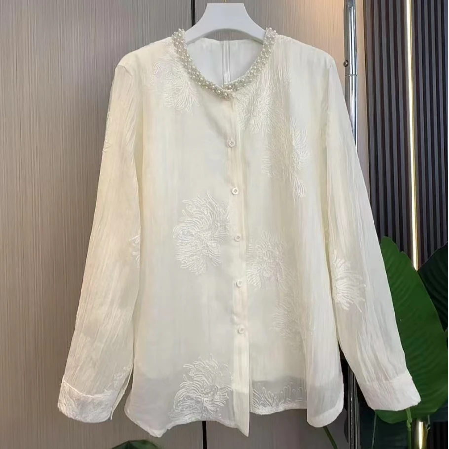新款法式设计感显瘦重工提花线绣钉珠气质衬衫上衣
