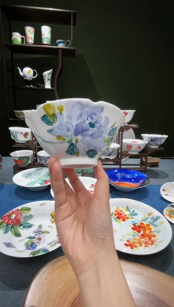 碗景德镇高温釉下彩5英寸荷口斗笠碗单色紫牡丹