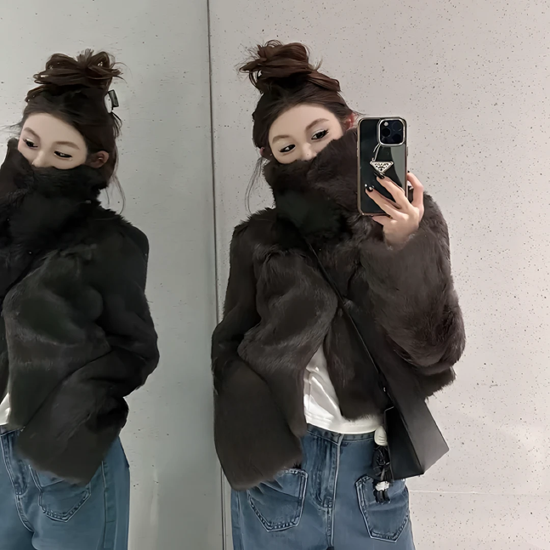 冬季新款老钱风复古兔毛外套皮毛一体短款高级感小个子暖