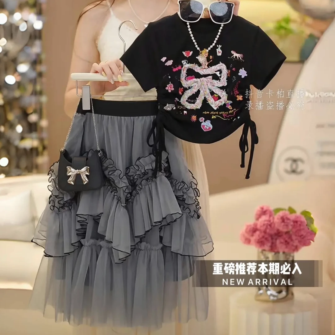 【小丸子】一家三四口亲子装卡通圆领印花短袖木耳边公主纱裙两件套