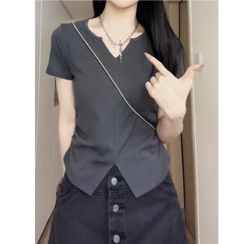 棉大码休闲短袖t恤女装夏季新款开叉小V领百搭不规则遮肉显瘦上衣