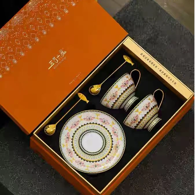 五言六器福蝶手工珐琅彩咖啡双杯蝶精美礼盒H55555