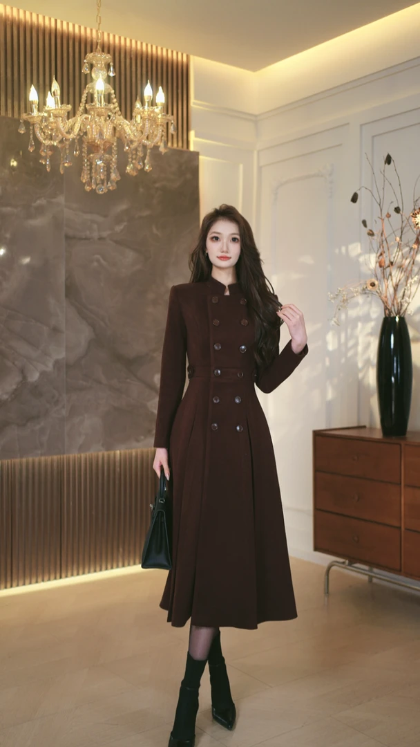 罗曼定制  原创设计冬季排扣毛呢套头款中长裙修身显瘦连衣裙