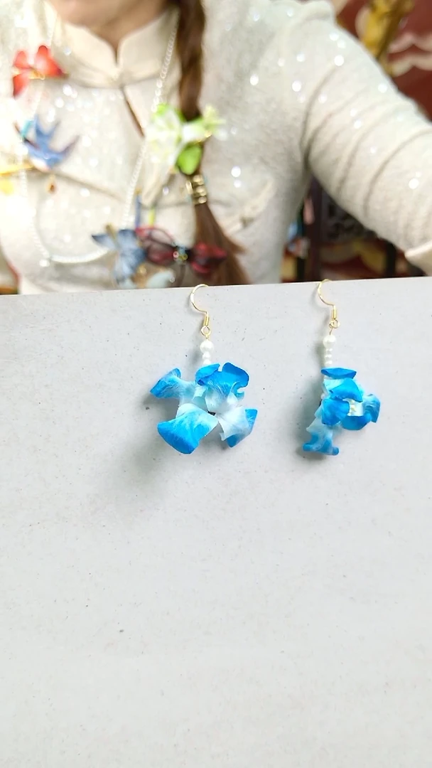 纯铜合金琉璃非遗绒花蓝色系耳钩