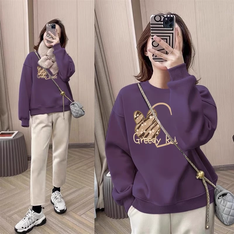 圆领套头打底衫加绒加厚卫衣女2025秋冬季新款宽松韩版潮情侣外套