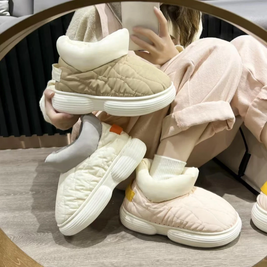 买一送一女士包跟羽绒布冬季保暖加绒防水室内外穿情侣棉拖鞋