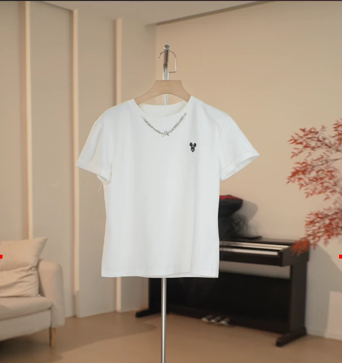 C485 ML系列米老鼠翻袖装饰链减龄白色T恤短袖