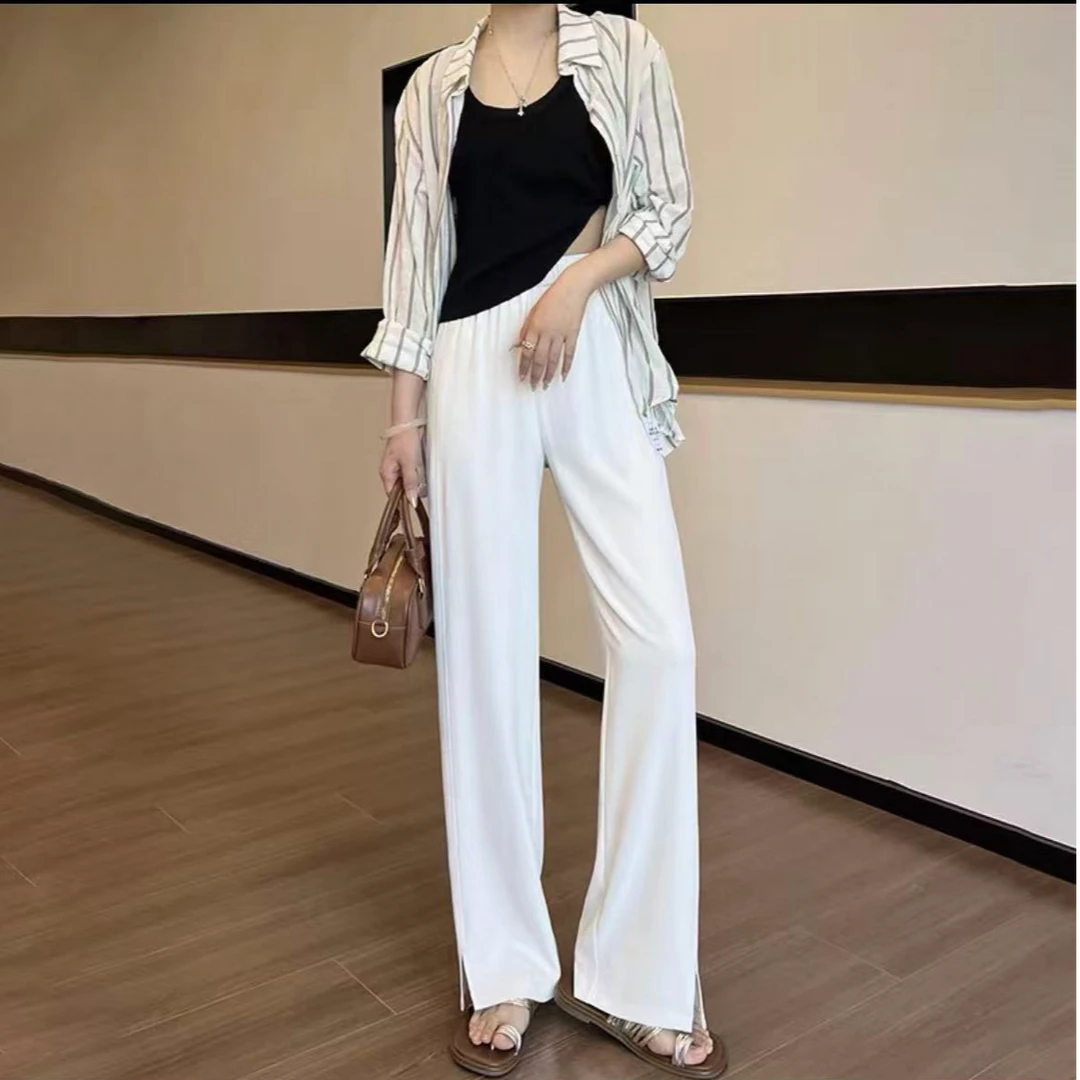 AMAZCOOL 松紧显瘦阔腿宽松休闲开叉直筒裤6010