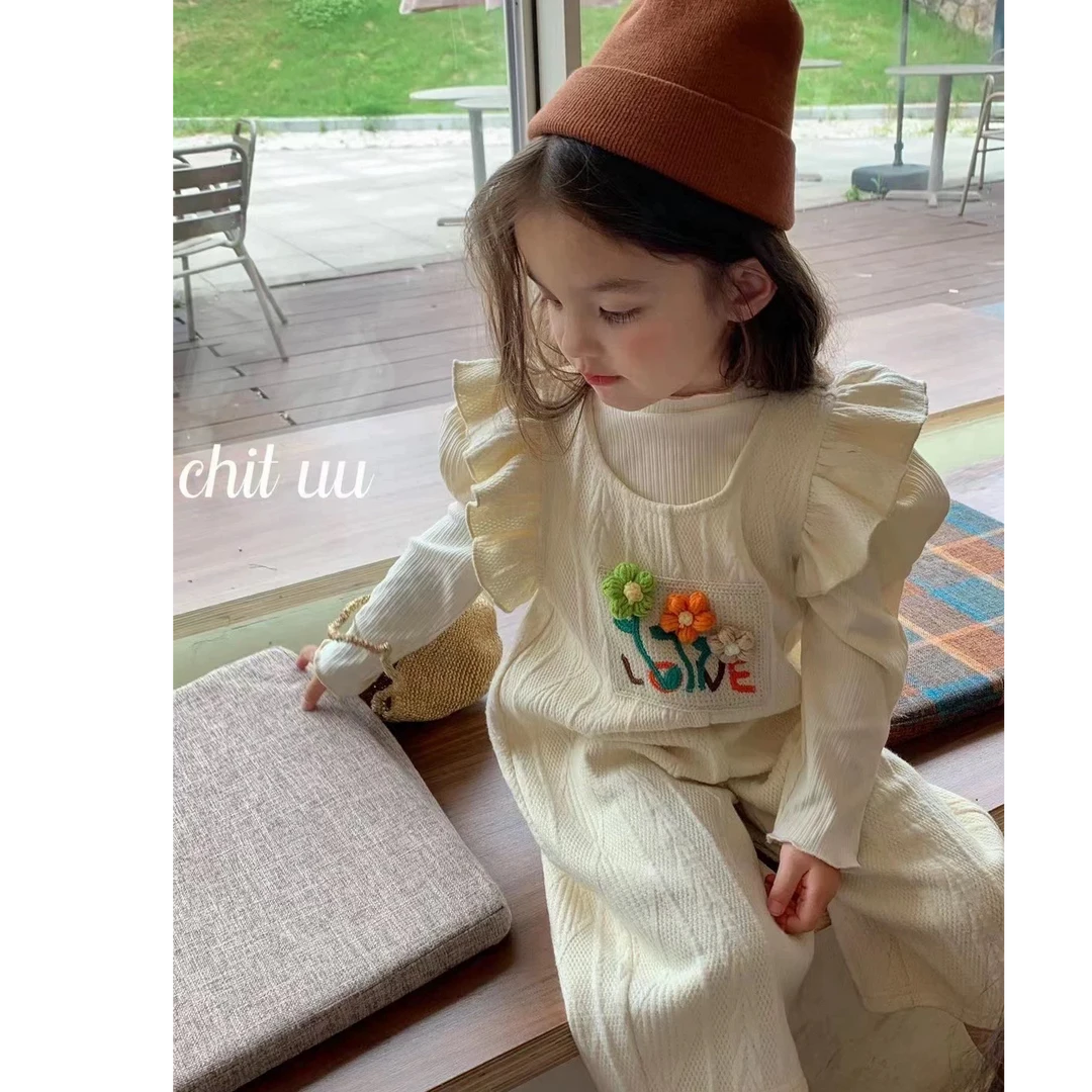 韩国童装女童秋季套装2025新款洋气韩版宽松儿童打底衫花朵连体裤