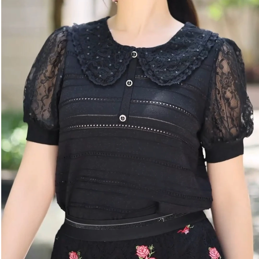 领绣之家“娃娃领”时尚百搭上衣#YB61726A-03夏季修身外穿显瘦优雅