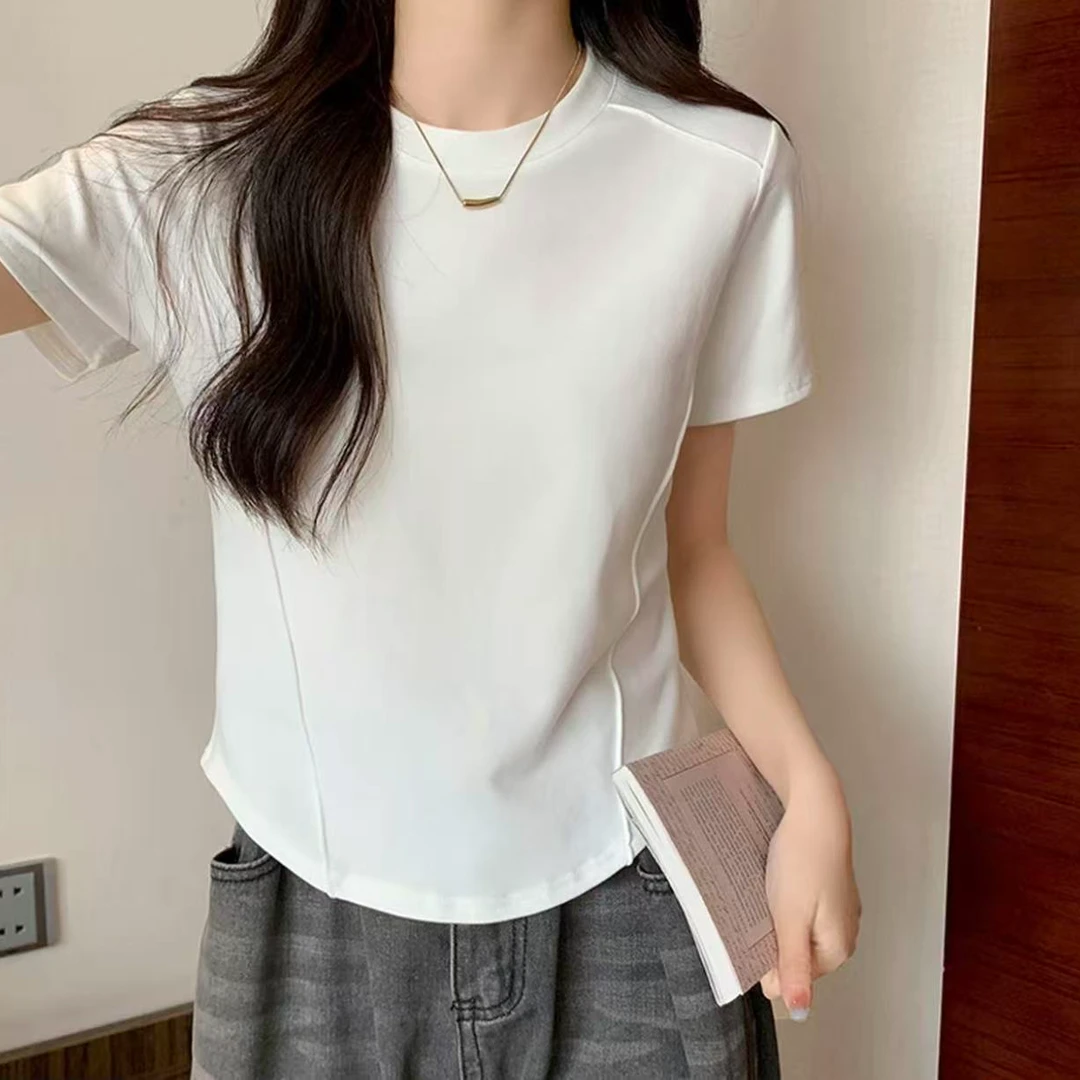 新款女款夏季休闲鱼骨收腰短袖T恤