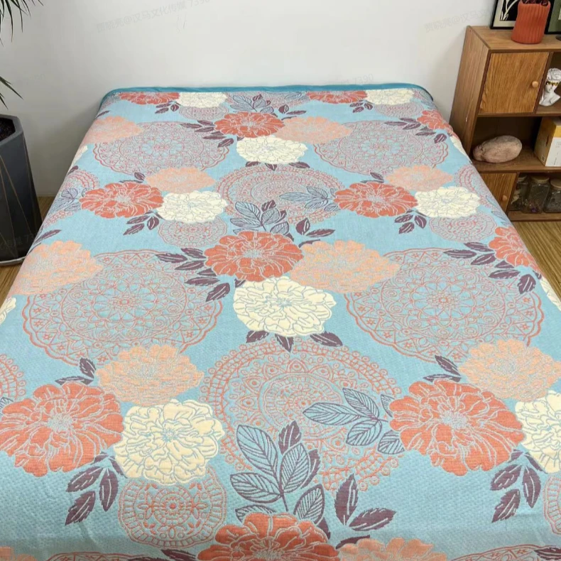 【花开富贵蓝】双面亲肤加厚多功能纱布盖毯--230cm*250cm