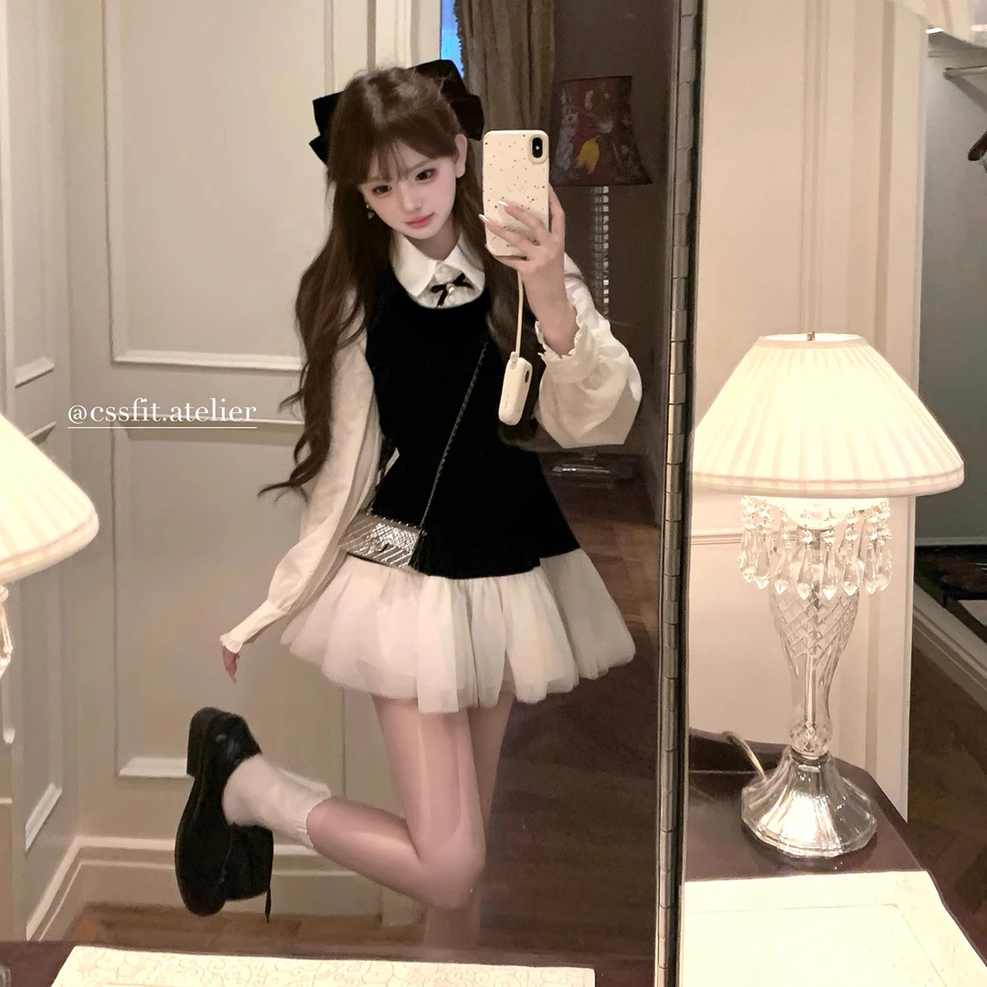 韩女丝绒拼纱无袖背心裙蝴蝶结衬衫女