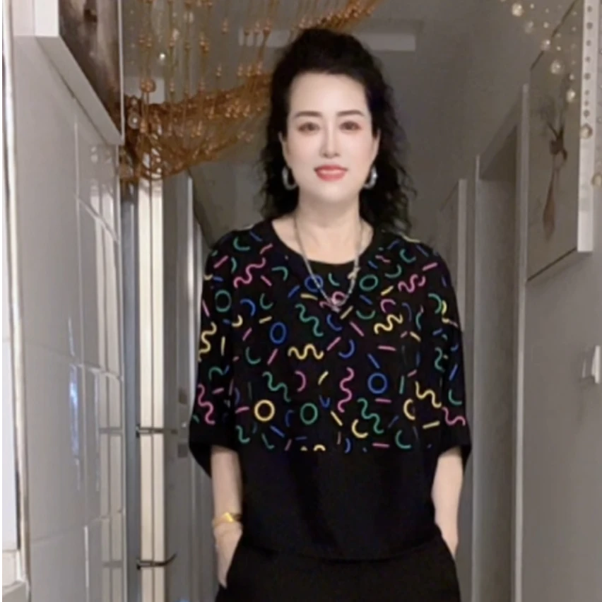 【蝙蝠袖上衣】印花显瘦遮肉25夏季新款女装宽松圆领大版洋气女T恤