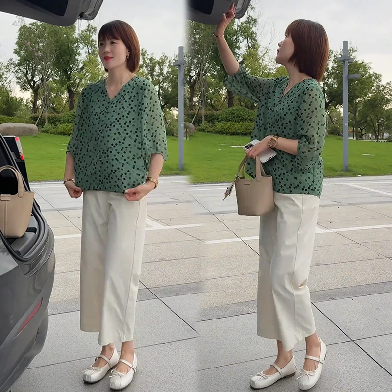 韩版轻熟风时尚穿搭一整套2025夏款气质减龄显瘦波点衬衫休闲裤女