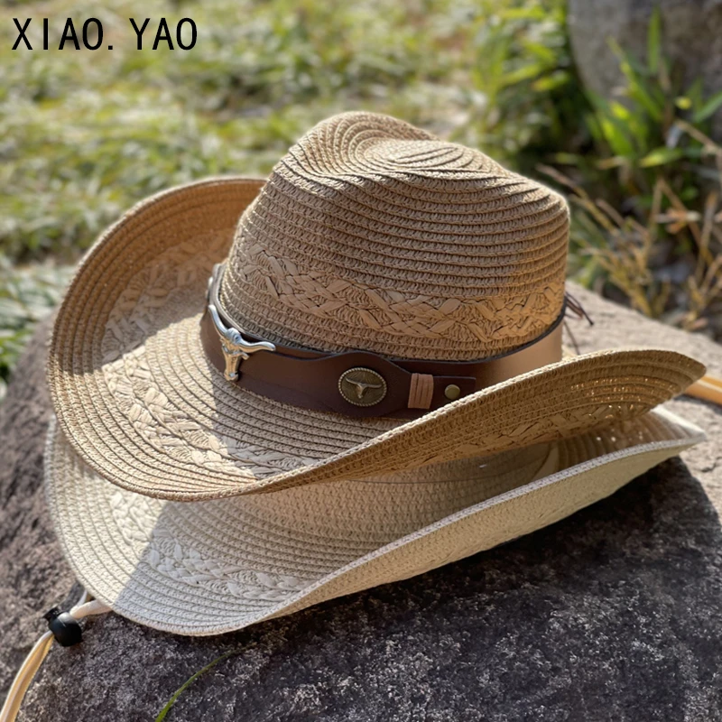 新款牛头皮带草帽男女春夏户外出游遮阳帽气质高级大檐西部牛仔帽