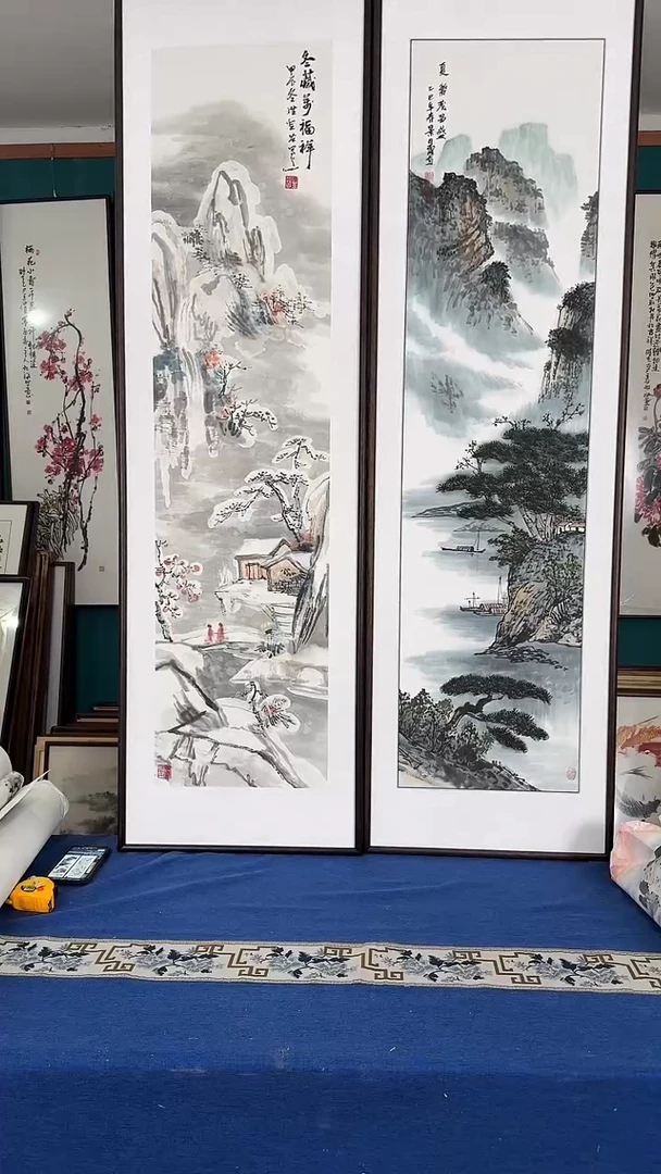 国画果*48*163山水四条屏实木装裱