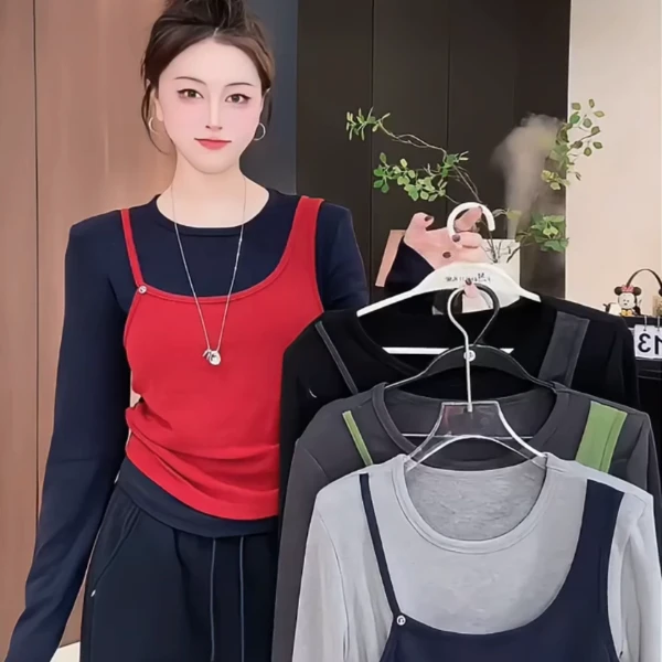 韩系拼色假两件圆领长袖T恤女2025冬季新款时髦叠穿修身显瘦上衣