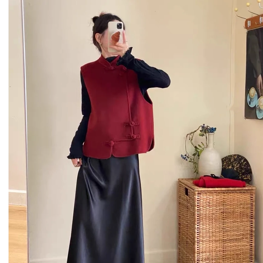 小个子改版中国风马甲中工红双面呢马夹新中式红色手缝外套女装