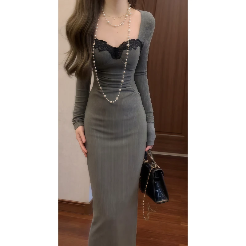 【现货】蕾丝拼接网纱针织连衣裙收腰显瘦名媛气质显身材长裙89355