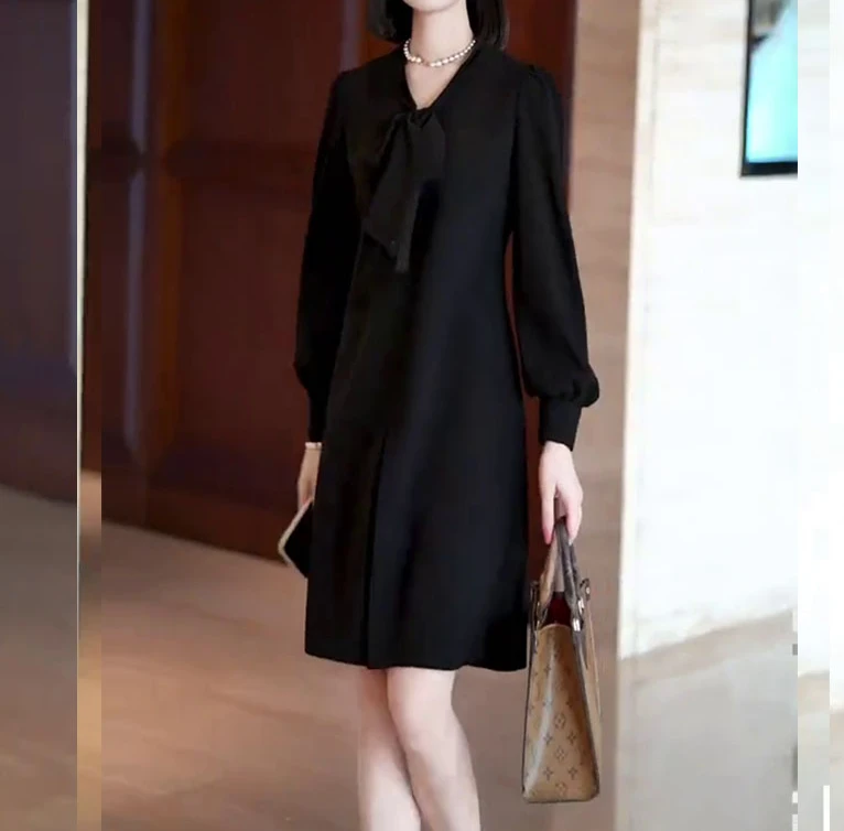 黑色优雅职场风连衣裙女装大码胖MM2025年秋季款V领宽松时尚长裙