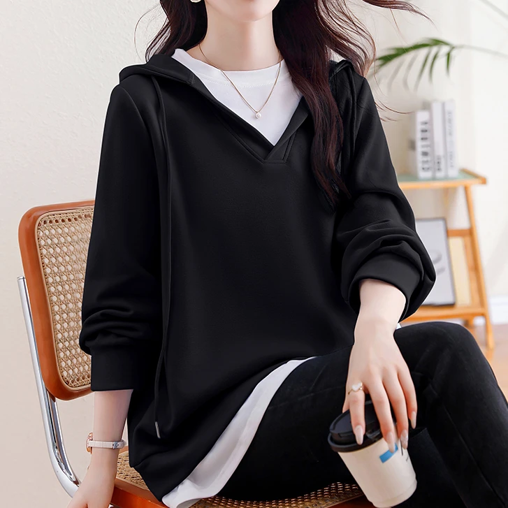 大码女装假两件连帽卫衣女2024秋季胖mm时尚拼接撞色显瘦宽松上衣