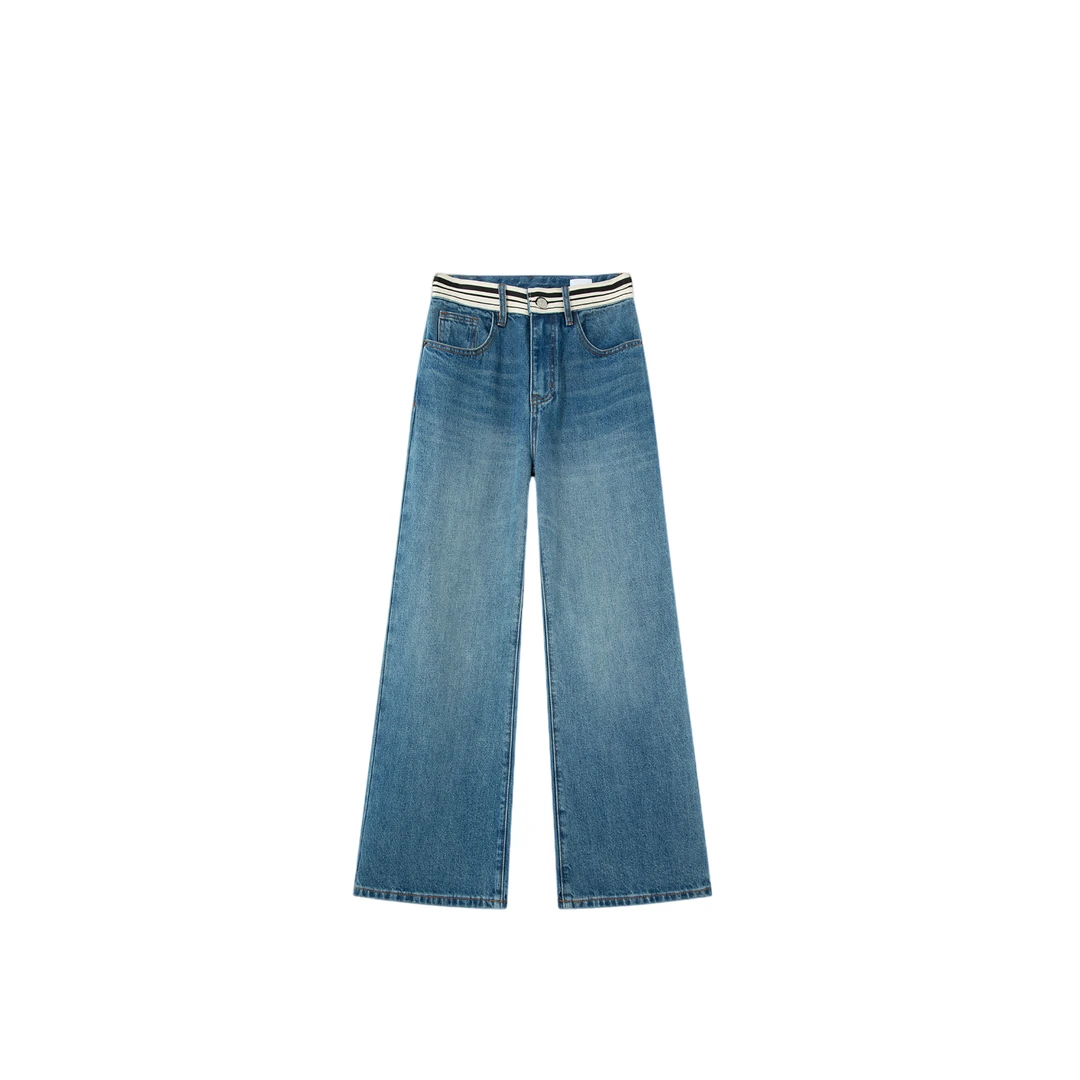 2025【马？拉】撞色拼接腰头-重工艺青湖蓝水洗纹理蓝女士牛仔裤5512