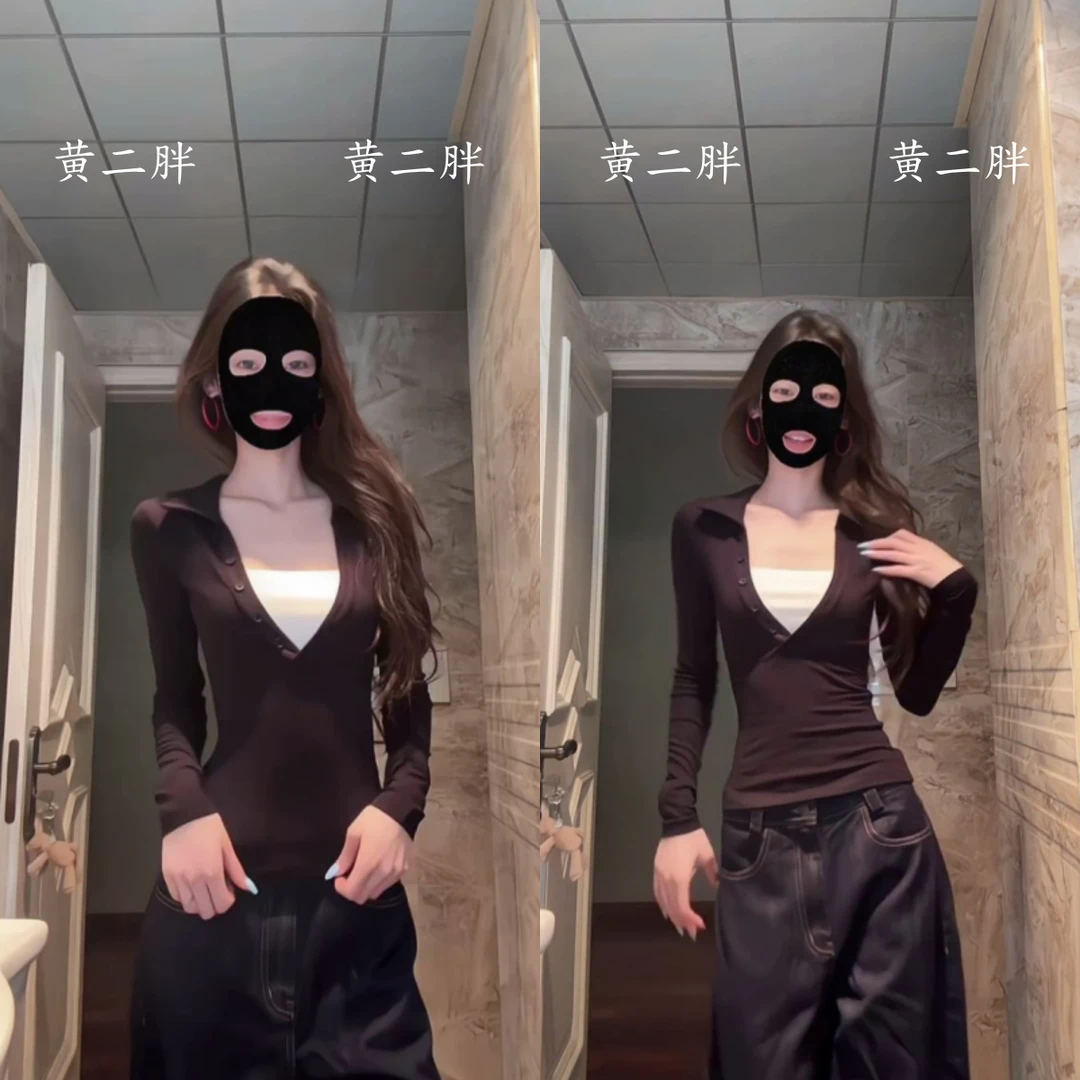 复古撞色假两件polo深V领针织T恤女早秋新款辣妹修身显瘦百搭上衣