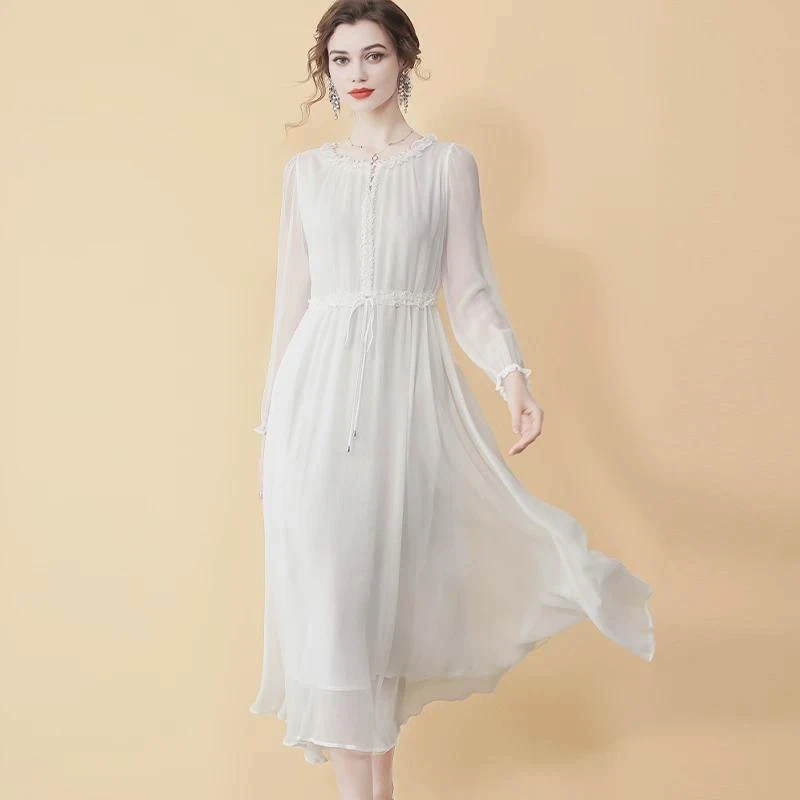 雪纺连衣裙早秋2024新款高端精致超仙法式裙轻奢名媛妈妈装度假裙