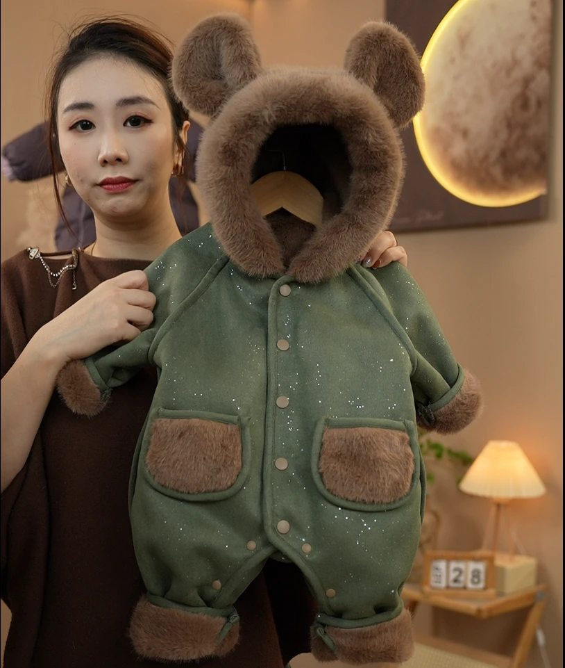 秋冬婴幼儿皮毛一体连身衣宝宝加绒保暖哈衣爬服新生儿秋冬款衣服