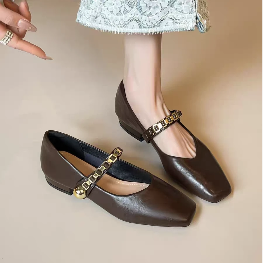 真皮~法式方头玛丽珍鞋女气质粗跟单鞋浅口小皮鞋大码女鞋41到43