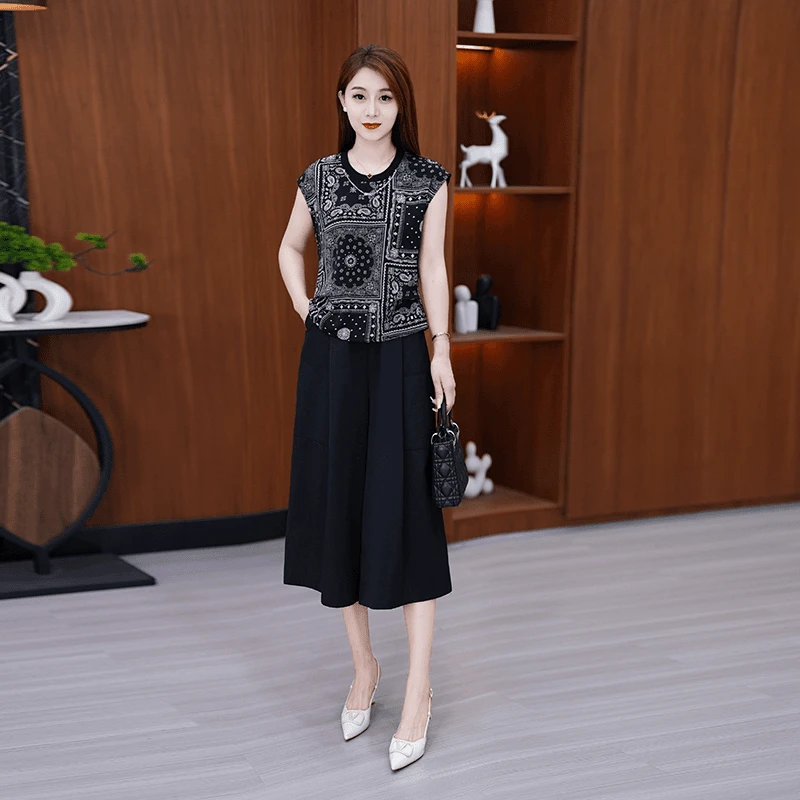 妈妈装时尚套装女2025夏季新款气质减龄显瘦无袖小衫阔腿裤两件套