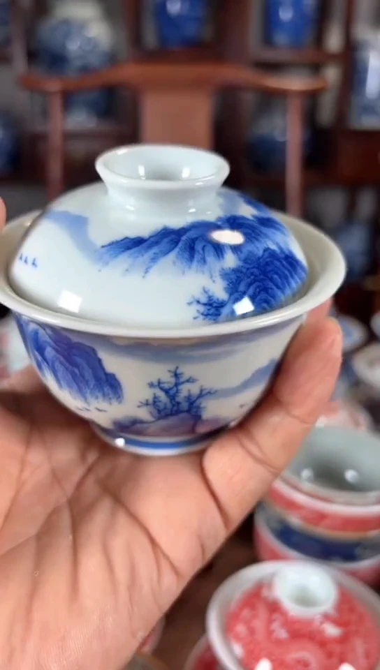 柴窑青花山水两才盖碗