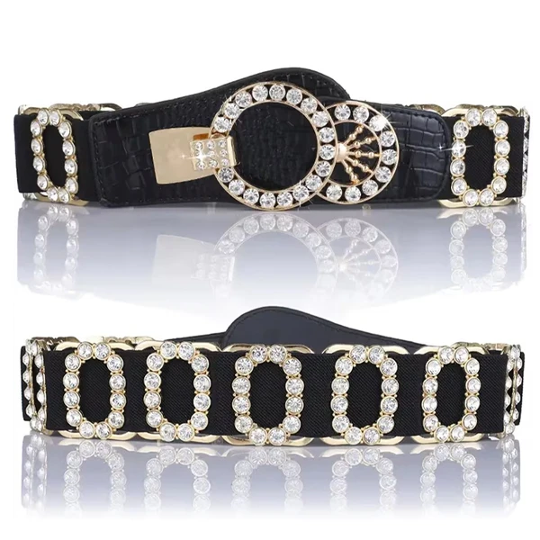 《同心环镶水钻弹力腰带》新疆舞蹈时尚配饰重工爪镶水钻黑色腰带