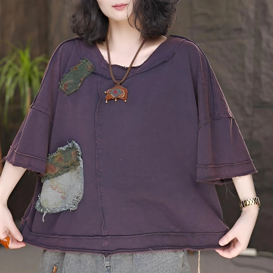 LL夏季新款复古砂洗做旧炒色刺绣贴布口袋短袖上衣宽松大码T恤