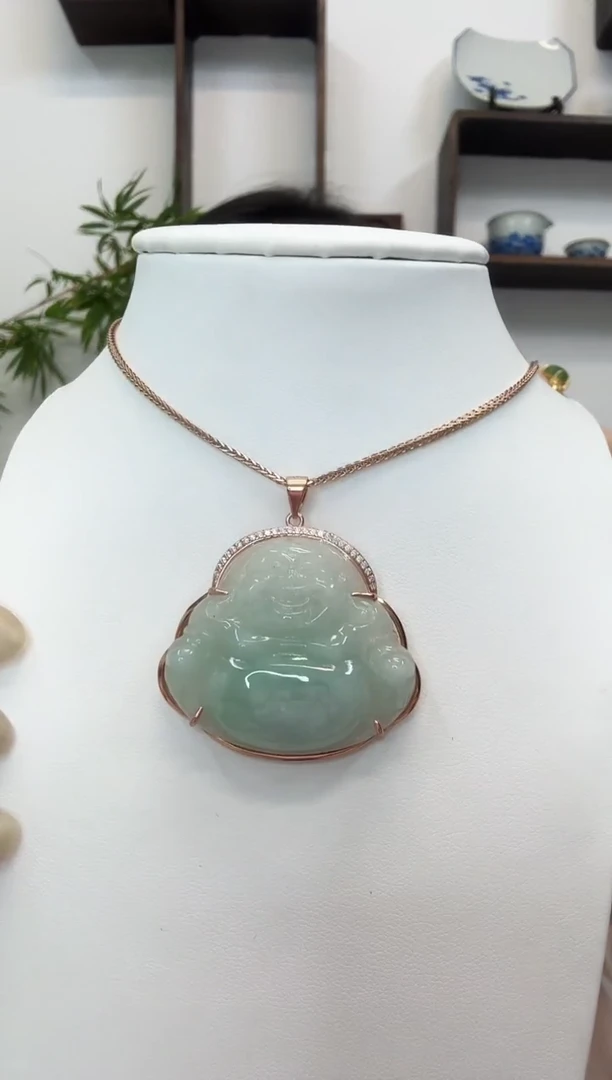 吊坠(赠链)银S925镶嵌翡翠佛公玫瑰边