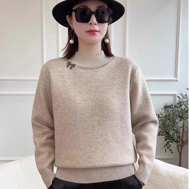 【丽人坊】冬季加绒毛衫 时尚妈妈 半高领针织衫 加厚高货 洋气烫钻