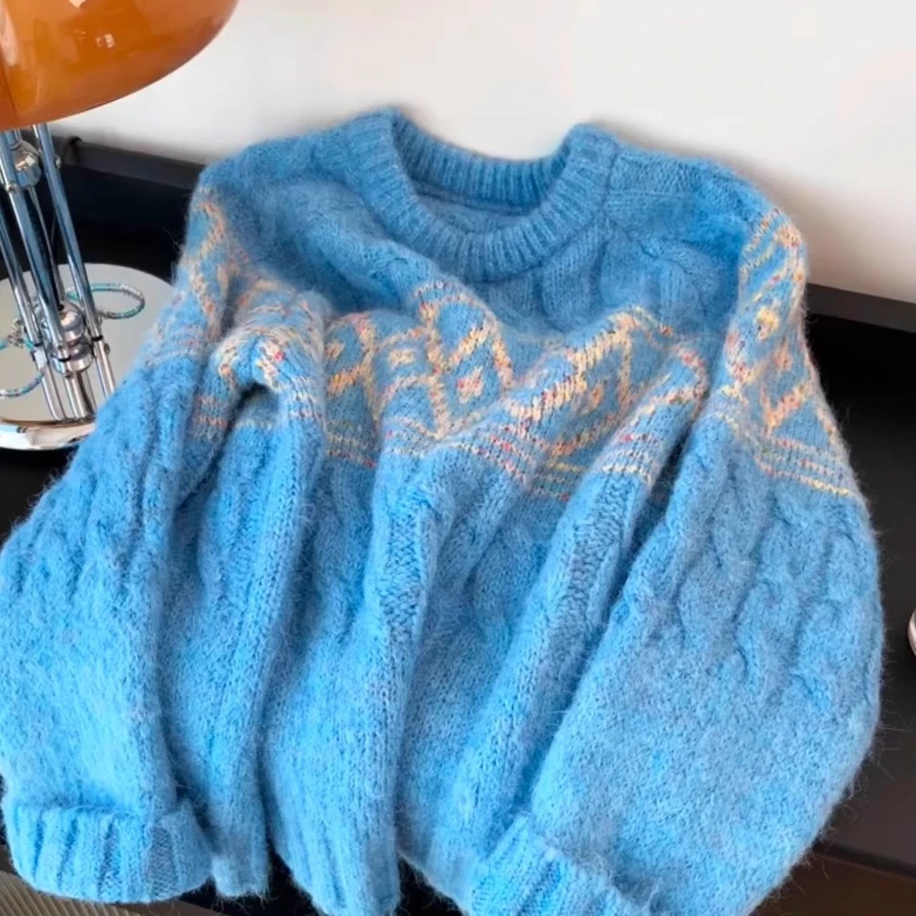 软糯奶蓝色麻花高级感费尔岛毛衣女秋冬加厚针织衫宽松慵懒版上衣