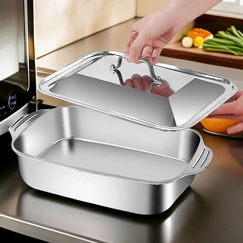 带盖【长41*宽24*高8】不锈钢盘烤鱼盘烧烤盘 多功能盘长方形方形盘