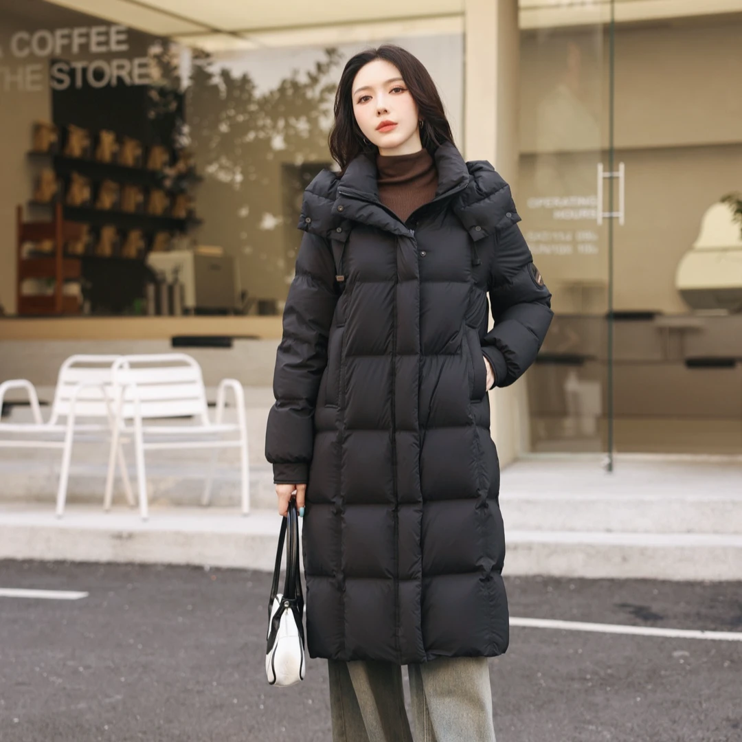 F219长款连帽过膝羽绒服