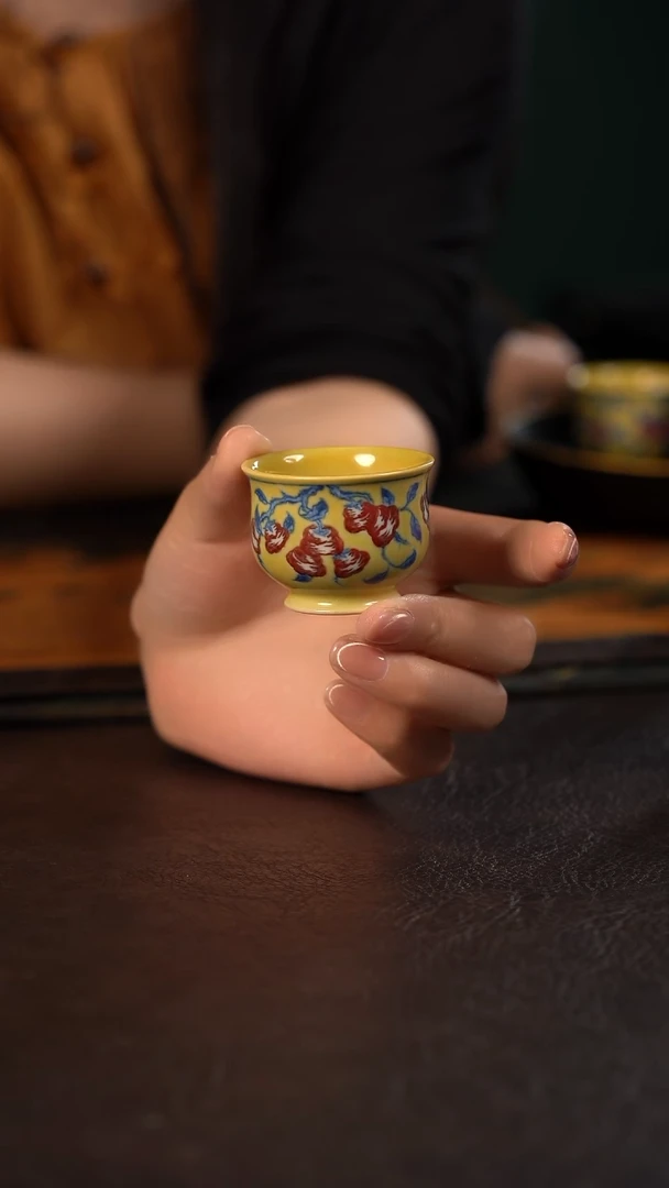 贵红窑黄釉青花釉里红柿子迷你小炉式杯