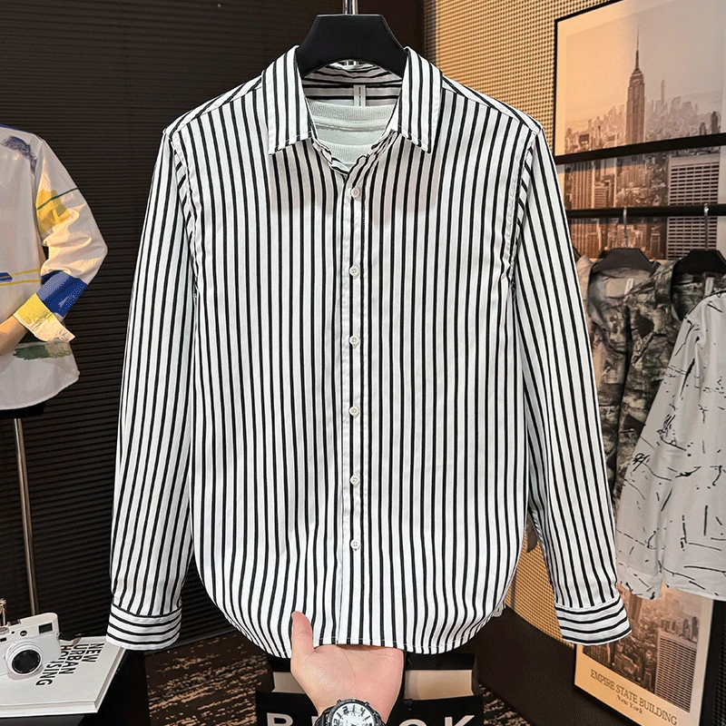高端轻奢潮牌春秋季新款长袖衬衫男高端潮流青年痞帅条纹衬衣外套