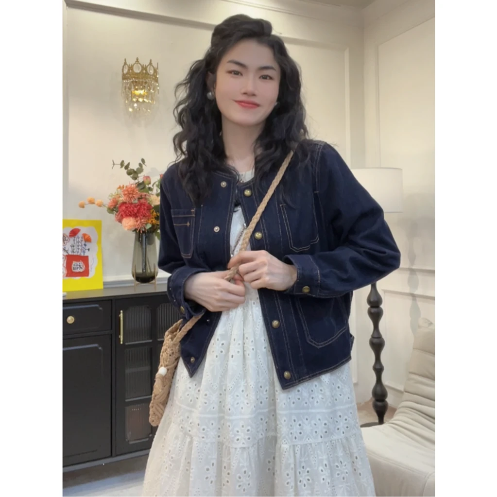 复古水洗软牛仔chic春季外套女圆领长袖开衫上衣