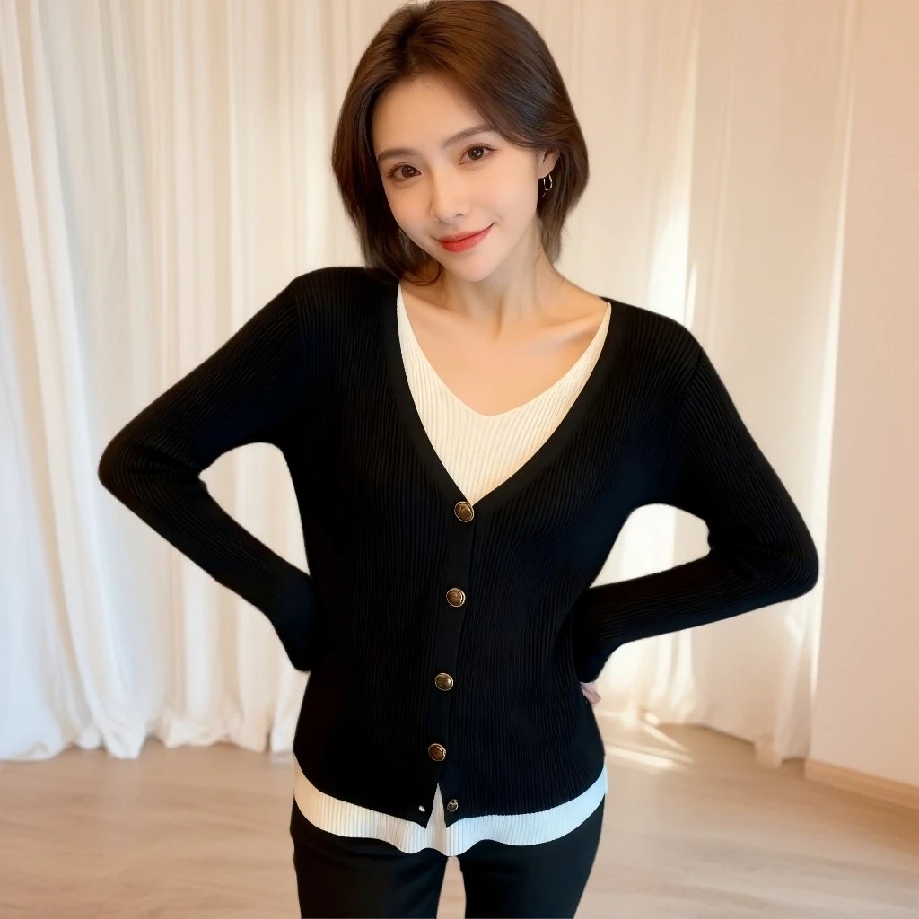 秋季新款大码弹力假两件针织衫女春秋款2024显瘦V领胖mm毛衣内搭