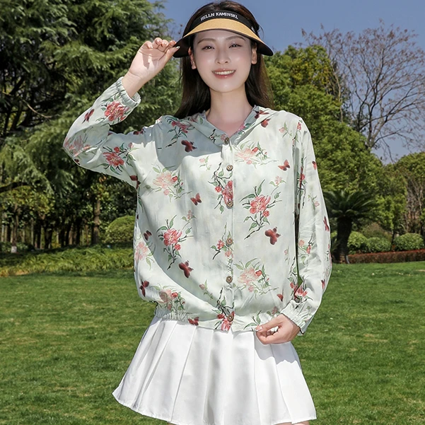 棉绸防晒衣女夏季2025新款田园休闲户外防晒服绵绸人造棉开衫外套