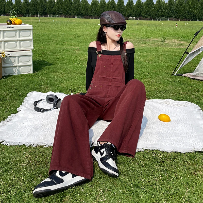 【世希】安可拉红复古牛仔背带裤女春秋季新款显瘦气质减龄连体阔腿