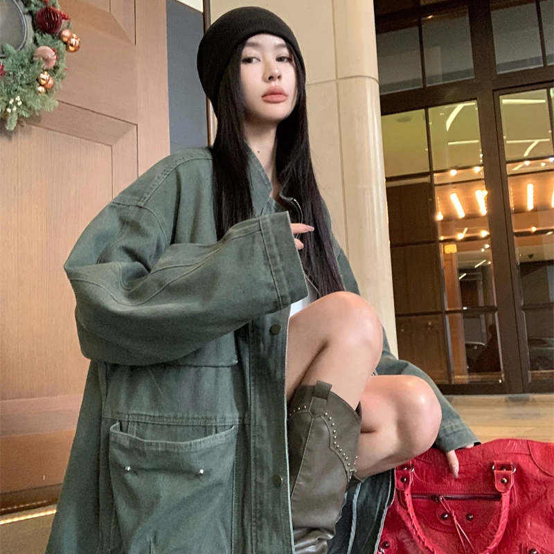 复古重工慵懒感工装牛仔外套女春季新款水洗做旧落肩宽松百搭上衣