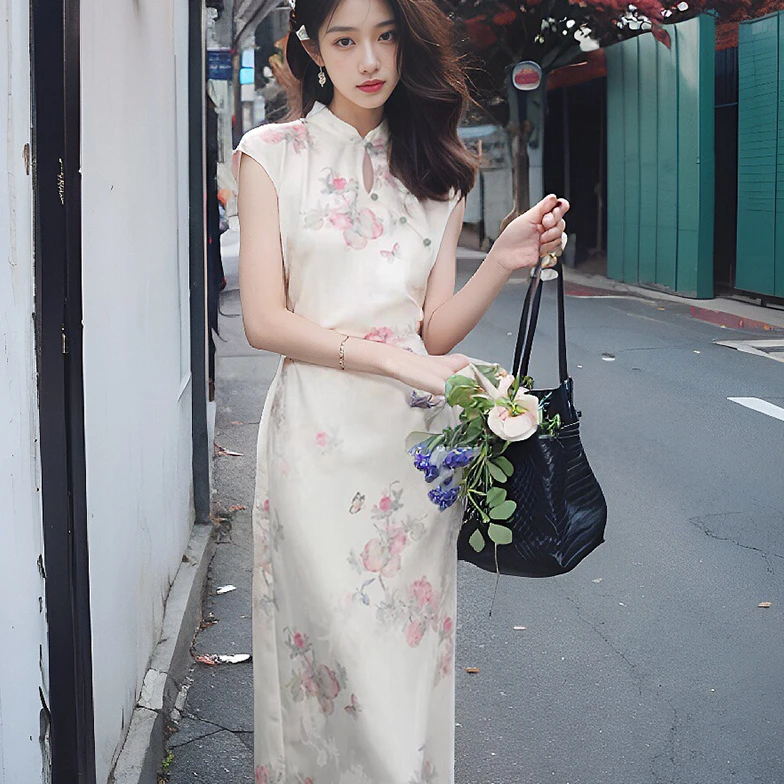 温柔风新中式改良版旗袍印花连衣裙女夏修身盘扣叉包臀中长裙970